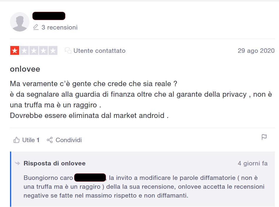 onlovee staff querela utenti per opinioni negative