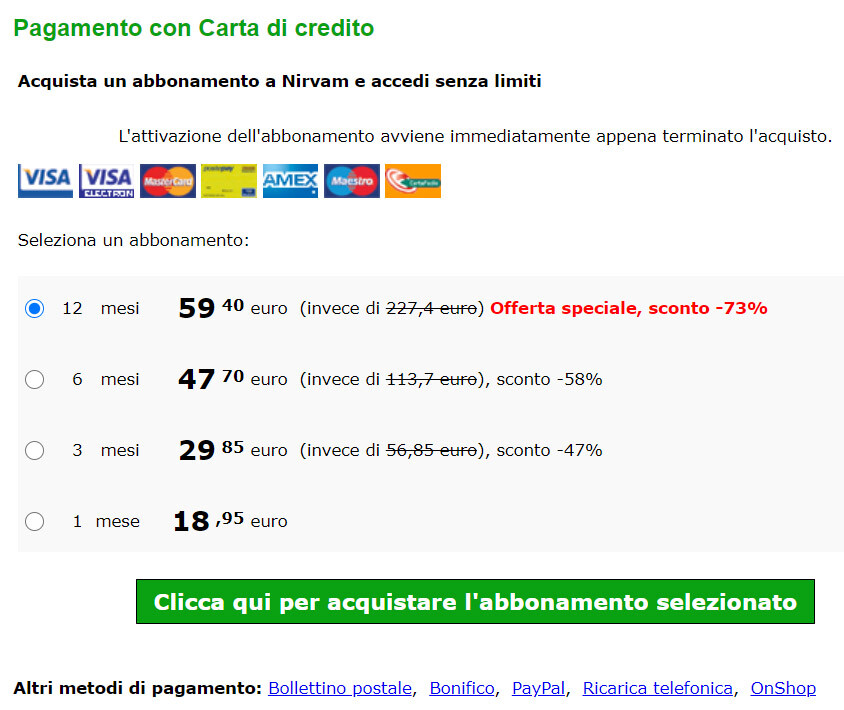 quanto costa abbonamento nirvam