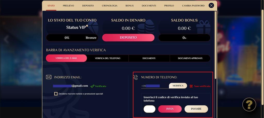 come verificare numero cellulare e email su casino