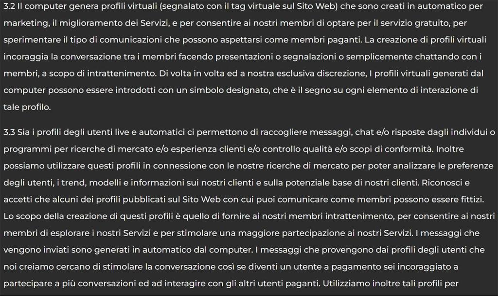 tradimenti italiani falsi profili truffa termini condizioni